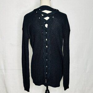 True Craft Oversized Cable Knit Soft Black Cardigan Criss Cross Back Size XS